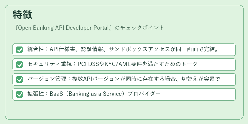 特徴（Open Banking API Developer Portal）の図解
