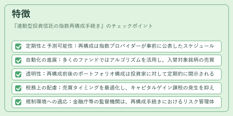 特徴（連動型投資信託の指数再構成手続き）の図解