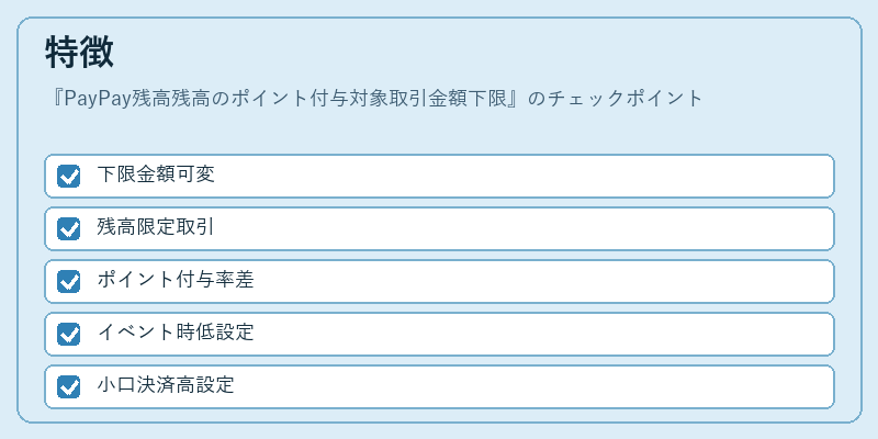 特徴（PayPay残高残高のポイント付与対象取引金額下限）の図解