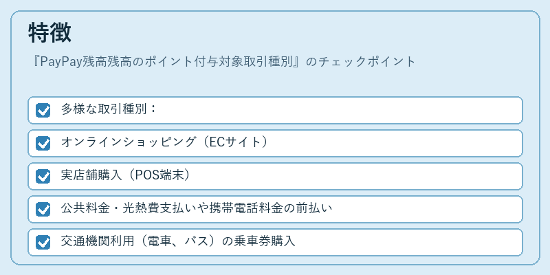特徴（PayPay残高残高のポイント付与対象取引種別）の図解