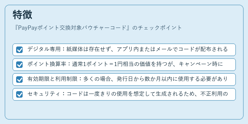 特徴（PayPayポイント交換対象バウチャーコード）の図解