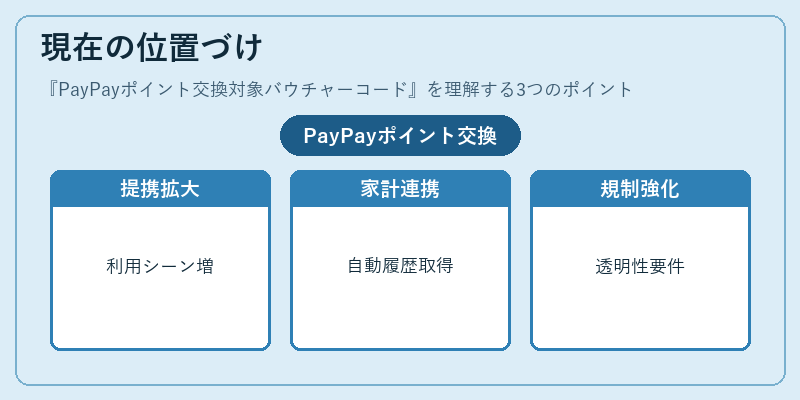 現在の位置づけ（PayPayポイント交換対象バウチャーコード）の図解