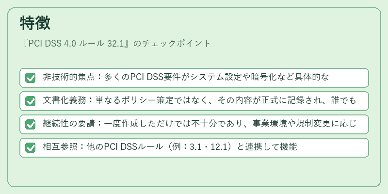 特徴（PCI DSS 4.0 ルール 32.1）の図解