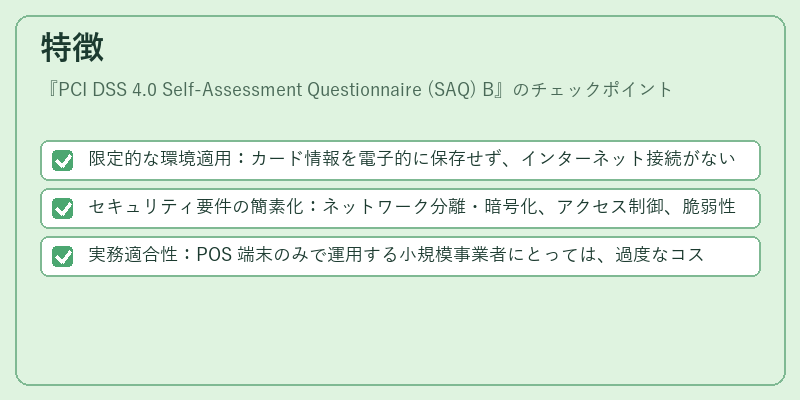 特徴（PCI DSS 4.0 Self-Assessment Questionnaire (SAQ) B）の図解