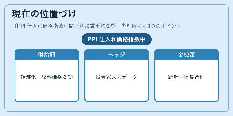 現在の位置づけ（PPI 仕入れ価格指数中間財別加重平均変動）の図解