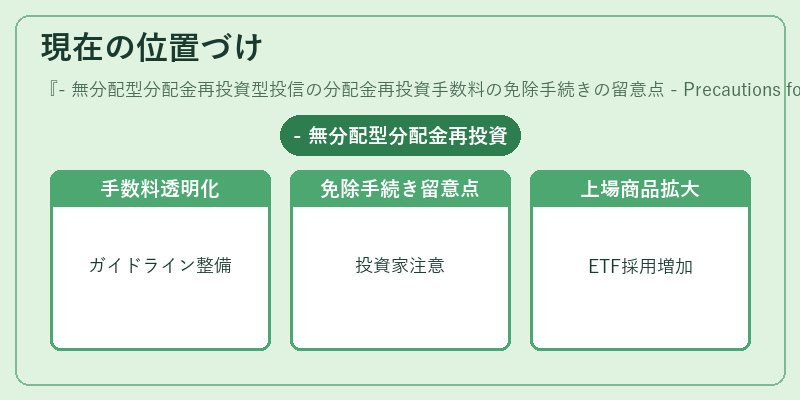 現在の位置づけ（- 無分配型分配金再投資型投信の分配金再投資手数料の免除手続きの留意点 - Precautions for Exemption Procedure of Reinvestment Fee for Non‑Dividend Distribution Reinvestment Mutual Fund）の図解