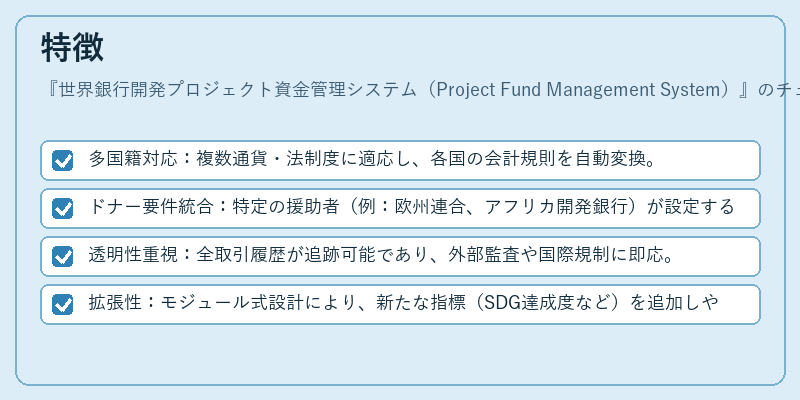 特徴（世界銀行開発プロジェクト資金管理システム（Project Fund Management System））の図解