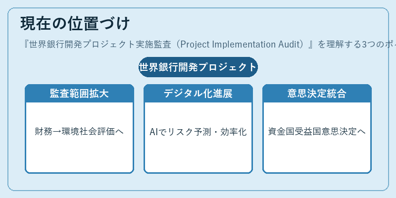 現在の位置づけ（世界銀行開発プロジェクト実施監査（Project Implementation Audit））の図解