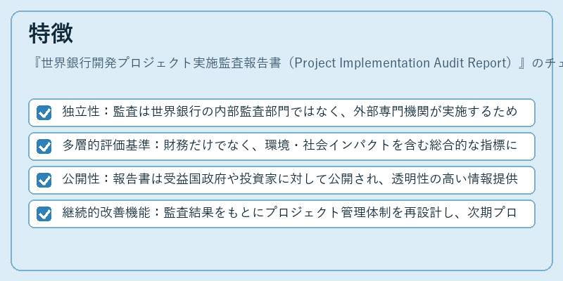 特徴（世界銀行開発プロジェクト実施監査報告書（Project Implementation Audit Report））の図解