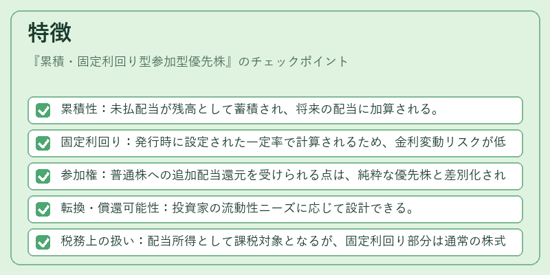 特徴（累積・固定利回り型参加型優先株）の図解
