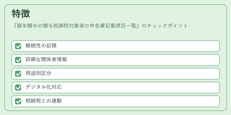 特徴(暦年贈与の贈与税課税対象者の申告書記載項目一覧)の図解