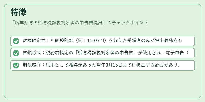 特徴(暦年贈与の贈与税課税対象者の申告書提出)の図解