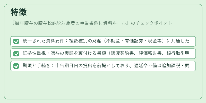 特徴(暦年贈与の贈与税課税対象者の申告書添付資料ルール)の図解