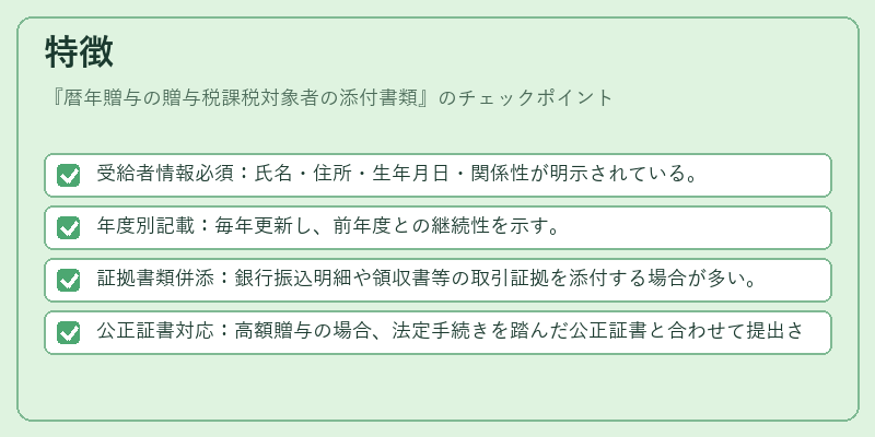 特徴（暦年贈与の贈与税課税対象者の添付書類）の図解