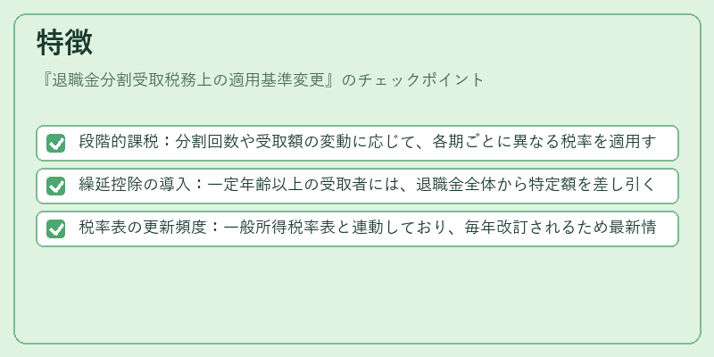 特徴（退職金分割受取税務上の適用基準変更）の図解
