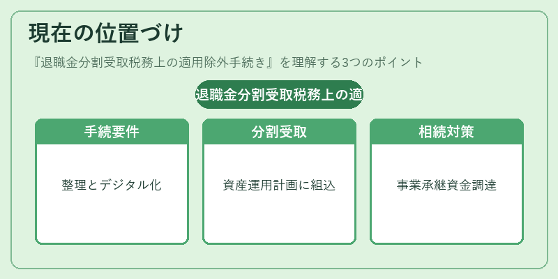 現在の位置づけ（退職金分割受取税務上の適用除外手続き）の図解