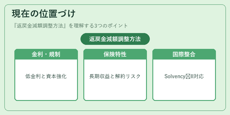 現在の位置づけ（返戻金減額調整方法）の図解