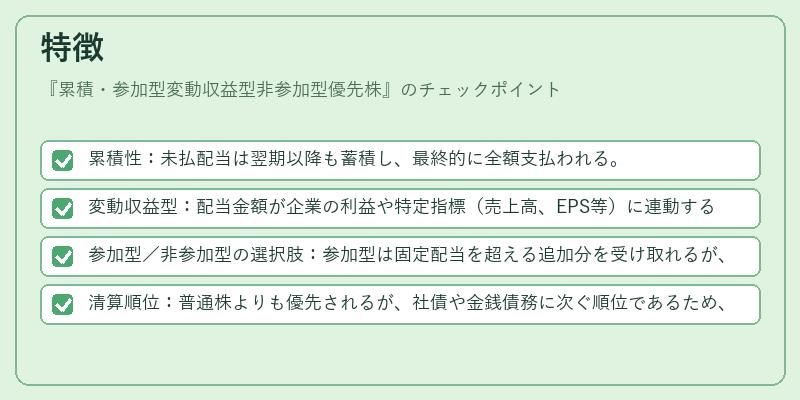 特徴(累積・参加型変動収益型非参加型優先株)の図解