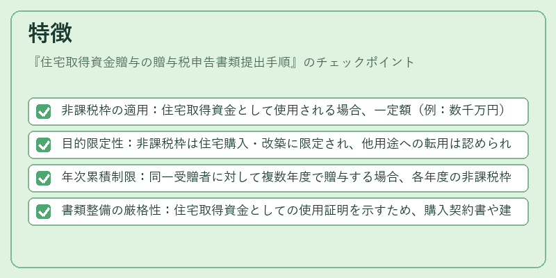 特徴(住宅取得資金贈与の贈与税申告書類提出手順)の図解