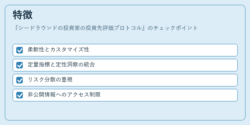 特徴(シードラウンドの投資家の投資先評価プロトコル)の図解