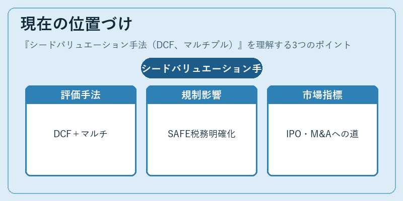 現在の位置づけ(シードバリュエーション手法(DCF、マルチプル))の図解