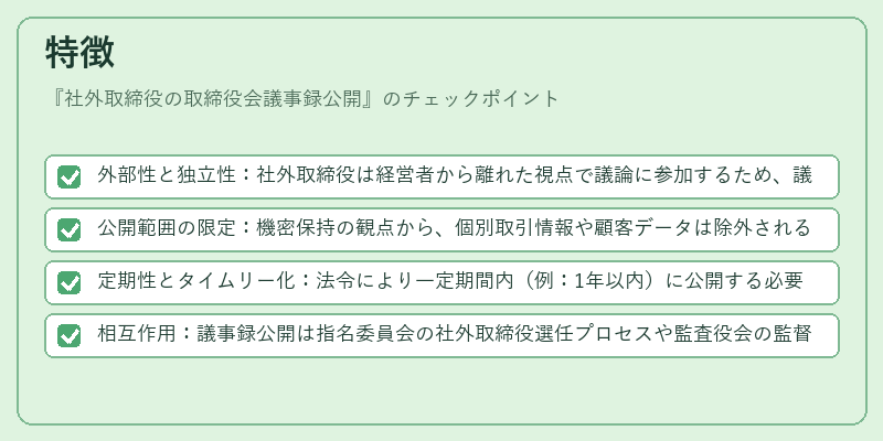 特徴（社外取締役の取締役会議事録公開）の図解