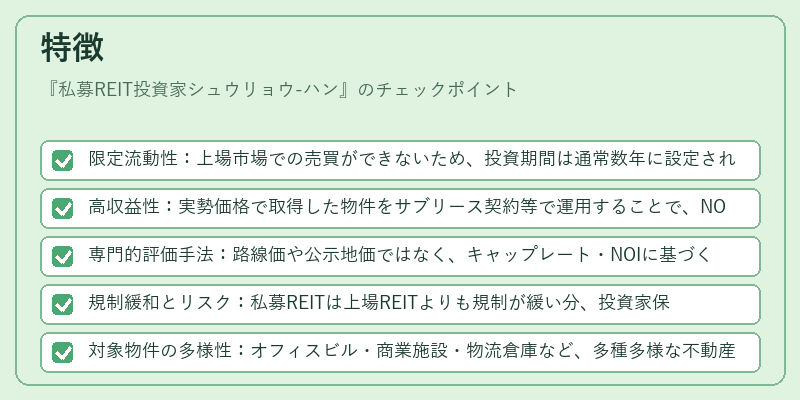 特徴（私募REIT投資家シュウリョウ-ハン）の図解