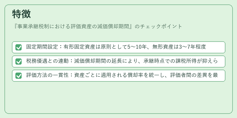 特徴（事業承継税制における評価資産の減価償却期間）の図解