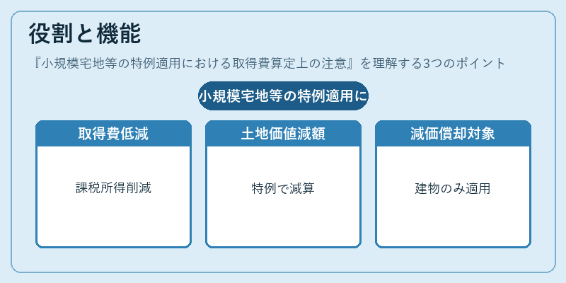 役割と機能（小規模宅地等の特例適用における取得費算定上の注意）の図解