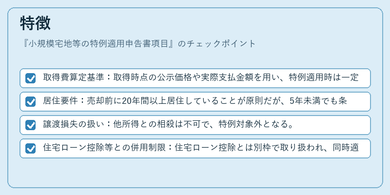 特徴（小規模宅地等の特例適用申告書項目）の図解