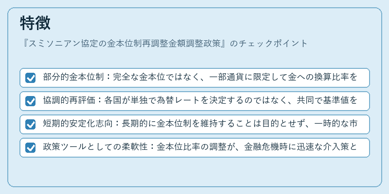 特徴（スミソニアン協定の金本位制再調整金額調整政策）の図解
