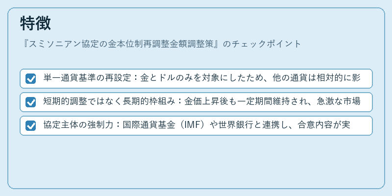 特徴（スミソニアン協定の金本位制再調整金額調整策）の図解