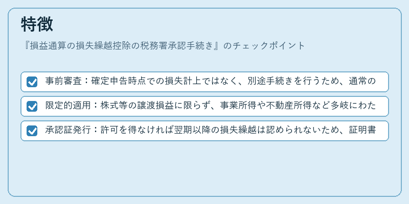 特徴（損益通算の損失繰越控除の税務署承認手続き）の図解