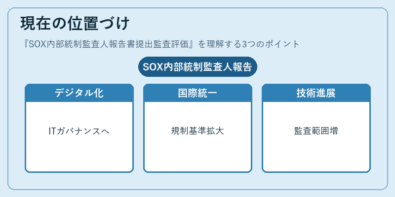 現在の位置づけ（SOX内部統制監査人報告書提出監査評価）の図解