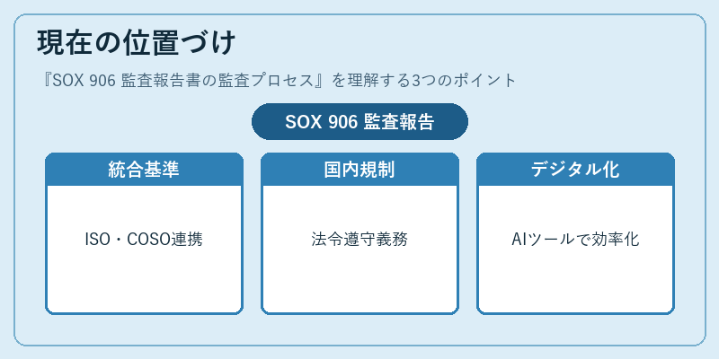 現在の位置づけ（SOX 906 監査報告書の監査プロセス）の図解