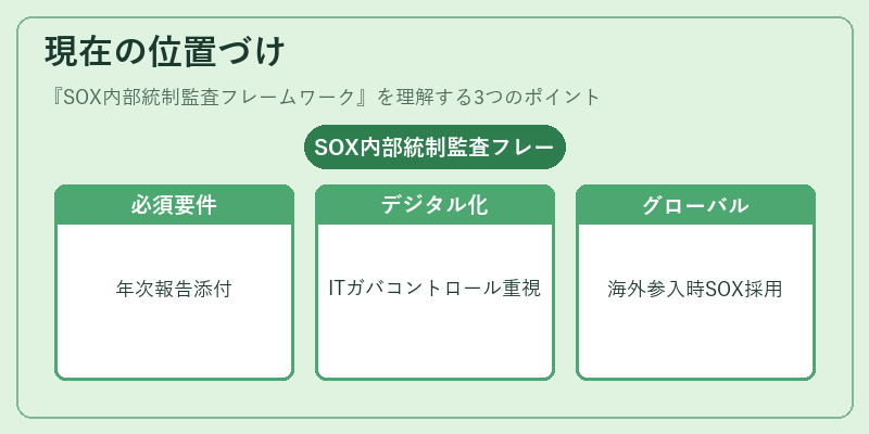 現在の位置づけ（SOX内部統制監査フレームワーク）の図解
