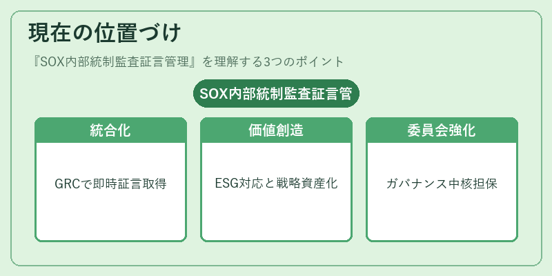 現在の位置づけ（SOX内部統制監査証言管理）の図解
