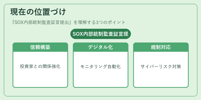 現在の位置づけ（SOX内部統制監査証言提出）の図解
