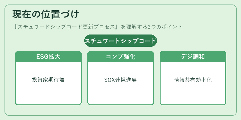 現在の位置づけ(スチュワードシップコード更新プロセス)の図解