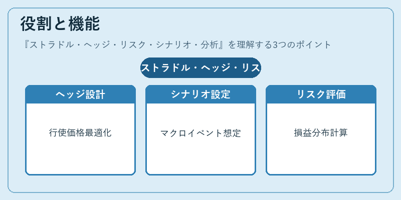 役割と機能（ストラドル・ヘッジ・リスク・シナリオ・分析）の図解