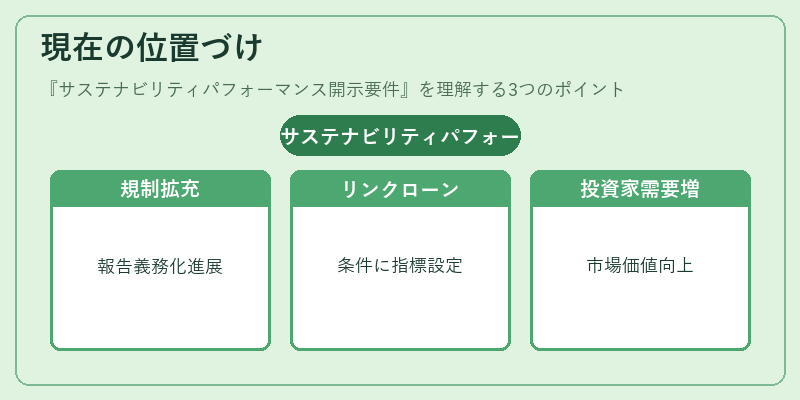 現在の位置づけ（サステナビリティパフォーマンス開示要件）の図解