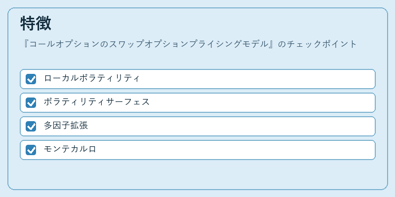 特徴（コールオプションのスワップオプションプライシングモデル）の図解