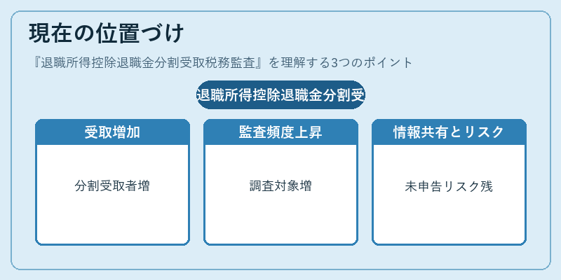 現在の位置づけ（退職所得控除退職金分割受取税務監査）の図解