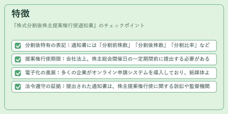 特徴（株式分割後株主提案権行使通知書）の図解