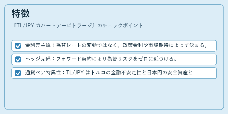 特徴（TL/JPY カバードアービトラージ）の図解