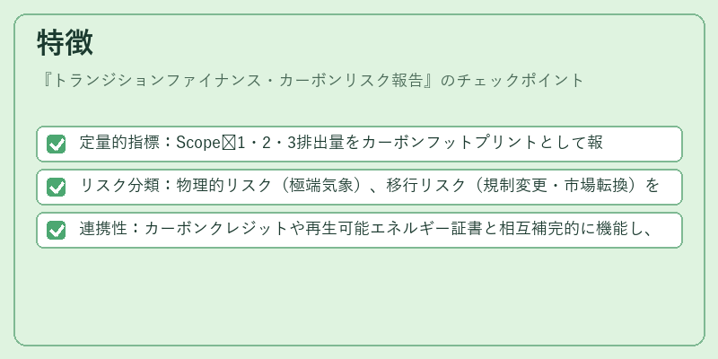特徴(トランジションファイナンス・カーボンリスク報告)の図解