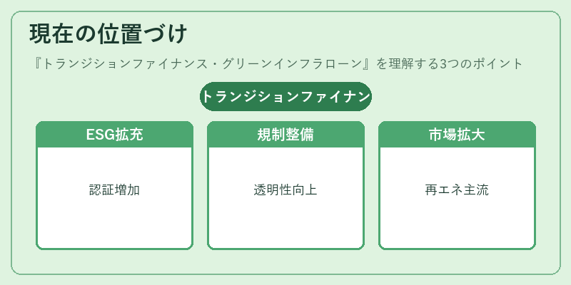 現在の位置づけ（トランジションファイナンス・グリーンインフラローン）の図解