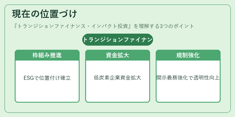 現在の位置づけ（トランジションファイナンス・インパクト投資）の図解