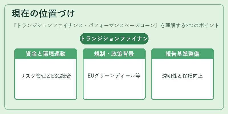 現在の位置づけ（トランジションファイナンス・パフォーマンスベースローン）の図解