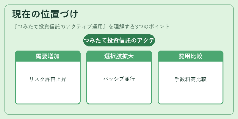 現在の位置づけ(つみたて投資信託のアクティブ運用)の図解